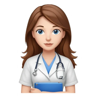 inside a classroom at university that says nursing school on the board with a pretty female nursing student with long brown hair, blue eyes sticker