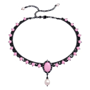 realistic 3D gothic choker with pearls, black and pink gemstones, minimal and elegant sticker