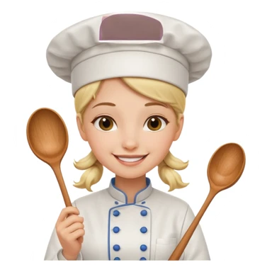 girl chef, smiling, holding a spoon sticker