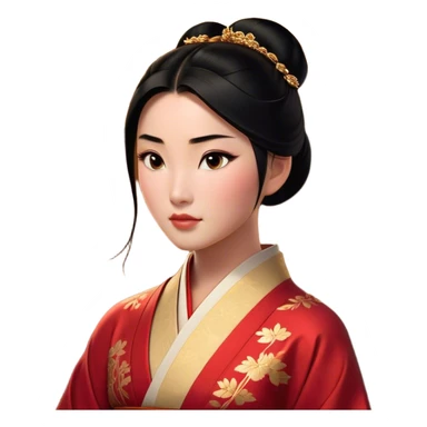 Cinematic Realistic Noble Mulan Portrait, depicted with lifelike, warm light-toned skin that reveals subtle texture and natural shadows. Her sleek black hair is intricately styled into a traditional bun with every strand rendered in exquisite detail, and her almond-shaped eyes, full of quiet resolve, are softly illuminated. She wears a meticulously detailed traditional robe with delicate red and gold accents, its rich fabric textures and gentle folds catching the light beautifully. The portrait radiates a natural, enchanting glow, capturing Mulan’s inner strength and timeless grace in a realistically painterly style. sticker