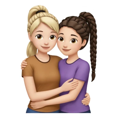 Comforting Hug two white skin women, one shorter woman with medium brown simple top ponytail, not braided, and one taller woman with a single long black side braid sticker