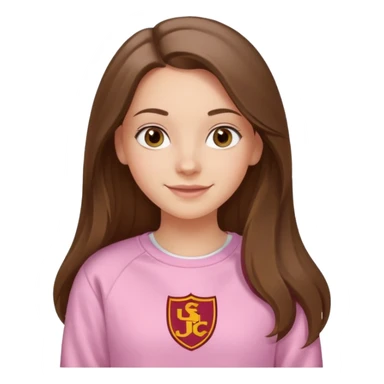happy white long brunette hair girl with hazel eyes and in light pink sweatshirt with USC in white sticker