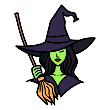 Elphaba from Wicked musical, green-skinned witch with pointy black hat and broom sticker