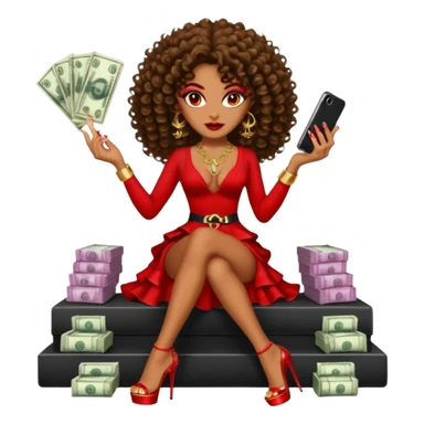 seductress evil brown curly haired sexy drug lord woman with clear glittery platform heels on her feet and devil red horns on her head, holding a stack of cash, has a phone in other hand sticker