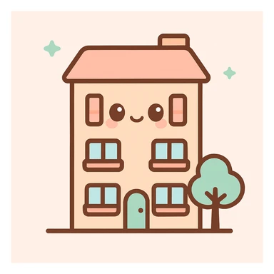 apartment building, kawaii chibi anime style, flat pastel colors, thick outlines, simple cute features, with a small tree sticker