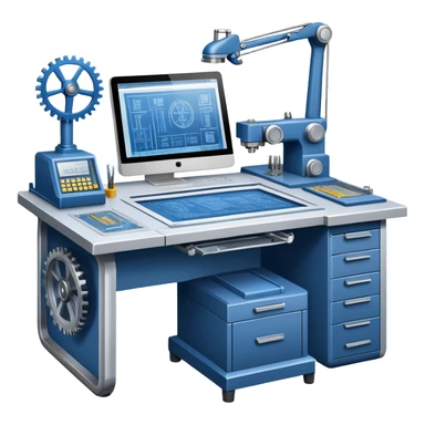 An icon featuring an engineer’s desk with blueprints, a ready machine, and microchips, symbolizing engineering. The design includes gears, tools, and a caliper, representing the design and construction of innovative technologies. Transparent background highlights the precision sticker
