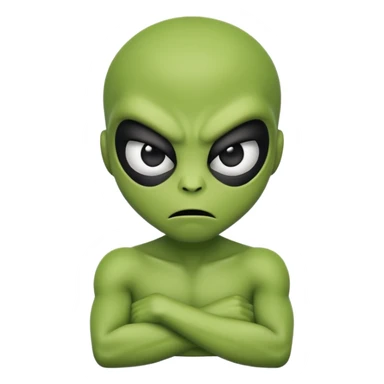 An emoji-style alien face with an angry expression, green skin, large black eyes, furrowed eyebrows, and a slanted side turned mouth, arms folded across chest showing contempt sticker