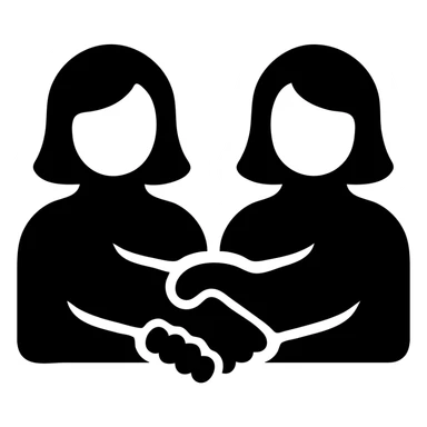 minimalist icon of female handshake, solid black fill, transparent background, soft shapes sticker