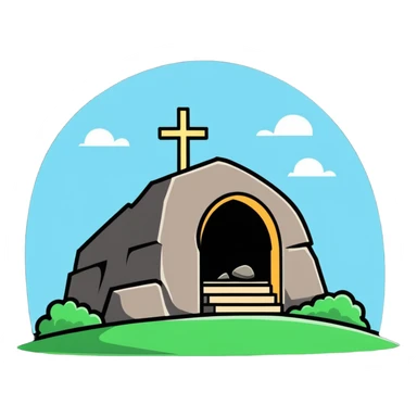 An empty tomb with stone rolled away and "He is risen" text sticker