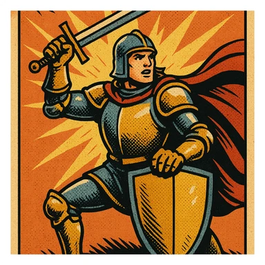 fantasy knight hero, shining armor, epic pose, comic book style sticker