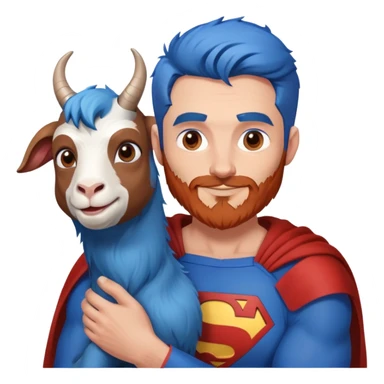 Adult Superman with redish brownish full beard with his arm around a blue hair happy goat sticker