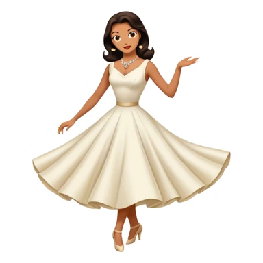 Beautiful woman in 1950’s woman fashion look, white dress, long dark brown hair, balboa dance sticker