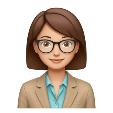 minimal emoji-style avatar of a smiling woman with glasses and short brown hair, dressed in a blazer, friendly, soft colors, subtle expression, plain or lightly colored background, inspired by modern vector illustrations for startups sticker