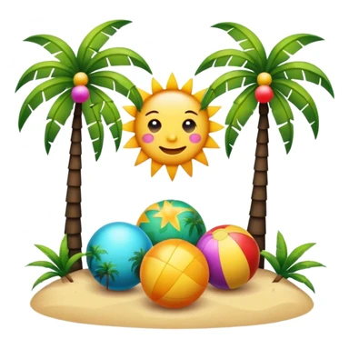 summer vibe photo frame with tropical elements like palm trees, sun, and colorful balls, emoji style sticker