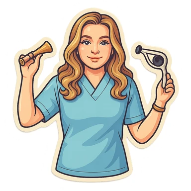 A girl with facial features and light wavy hair as in the reference, wearing a blue medical suit, holding an obstetric stethoscope in one hand, the other hand down, smiling, in retro stickers style with thin clean contours, soft rounded shapes, pastel palette, retro sticker aesthetic, detailed shadows and highlights, soft lighting, transparent background. sticker