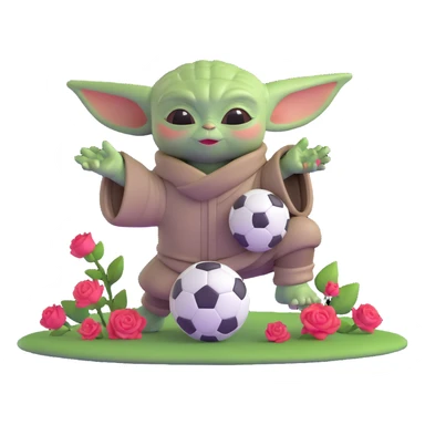 baby yoda kicking a soccer ball with small roses beside him sticker