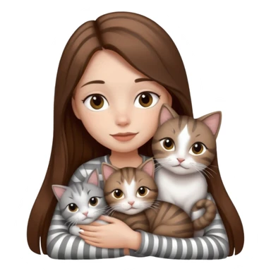 pretty girl with long brown hair snuggling 3 cats: grey and white, brown striped and black and white sticker