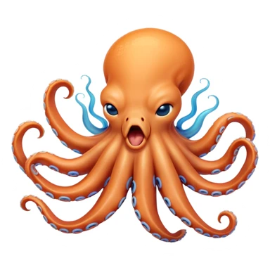 Cinematic Cute Yawning Octopus Portrait Emoji, Head tilted slightly with a dramatic, wide-open yawn, showcasing a plump, light orange body decorated with delicate blue rings and loosely draped arms with sleepy, half-closed eyes, Simplified yet irresistibly adorable features, highly detailed, glowing with a soft, cozy underwater glow, high shine, relaxed yet expressive, stylized with a hint of whimsical aquatic charm, soft glowing outline, capturing the essence of a drowsy yet affectionate octopus that appears ready to stretch and yawn its way out of the screen! sticker