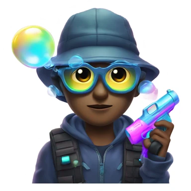 Caucasian boy in glowing rave gear with mask and hat and shooting a bubble gun sticker