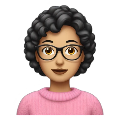 Lady with black hair, glasses, wearing pink jumper,  sticker