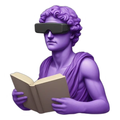 an EMOJI OF A ancient young greek statue reading a book, wearing VR glasses, purple colors, DIGITAL UNIVERSE sticker