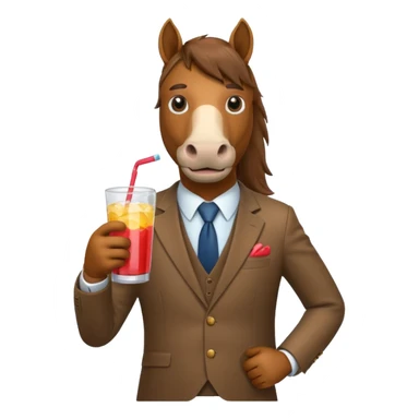 A horse with mustache in a suit holding cool aid drink sticker