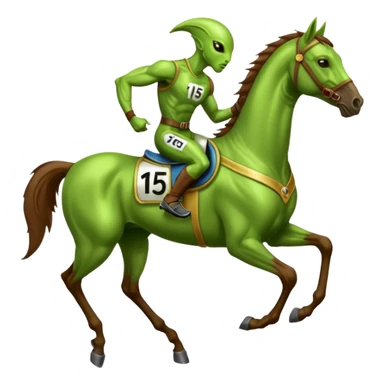 alien riding horse wearing racing cloth with number 15 sticker