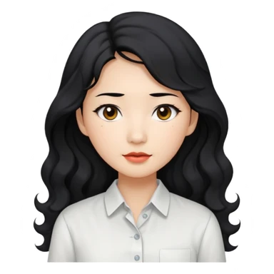 Asian woman, black hair, long permed wavy hair, white button-up shirt, flat colors, transparent background. sticker