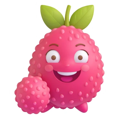 3D lychee fruit character with smiling cartoon face, shiny eyes, pink cheeks, big mouth, bright pink-red bumpy skin, glossy plastic look, small brown stem, toy-like, Pixar-style, colorful and fun sticker