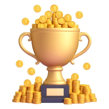 highly-detailed, realistic 3D icon of a large trophy filled with gold coins and dollar bills, brightly lit, transparent background sticker