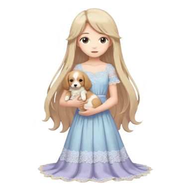 Pastel anime lady long hair with long lace dress full body holding puppy sticker