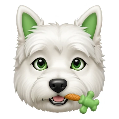 a west highland terrier dog with a green bone treat in its mouth  sticker