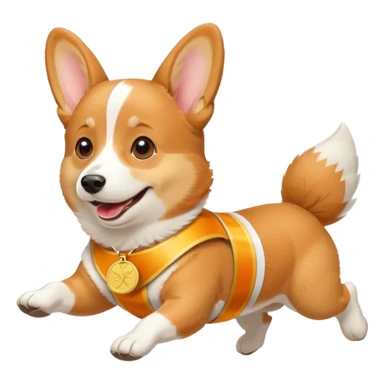 a corgi picking running a marathon with gold medal sticker