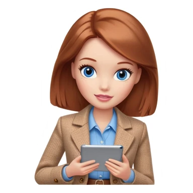 A Barbie girl with blue eyes, shoulder-length reddish-brown hair, made-up, wearing a beige tweed jacket and a beige skirt,  with a iPad sticker