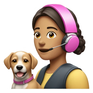 mujer con auriculares rosa y un perro sticker