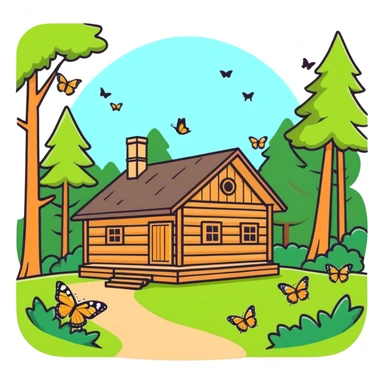 Lovely forest with a lot of butterflies and a wooden cabin sticker