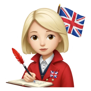 someone who is writing with a feather on a notebook, with an UK flag in the background sticker