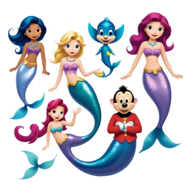 Colorful icon for Animated Movies: mermaid costume and could A vibrant collage featuring iconic characters like Goofy, Mickey Mouse, Franco, Masha and the Bear and Luntik. Each character should be large and bright, set against a cheerful and playful background of Disneyland. Transparent background. sticker