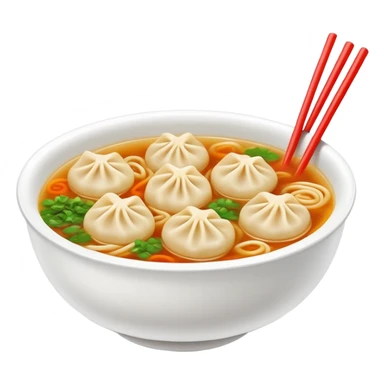 Wenzhou Huntun Wonton Noodle Soup with small dumplings, simplified emoji style with bold outlines and bright colors, cartoon style Zhejiang specialty with clear broth sticker