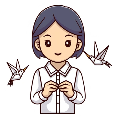 Ukrainian young girl in a white embroidered shirt holds an origami crane sticker