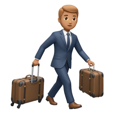 A 3D cartoon man in formal clothes pulling a suitcase behind him, slight motion blur, Memoji-style. sticker
