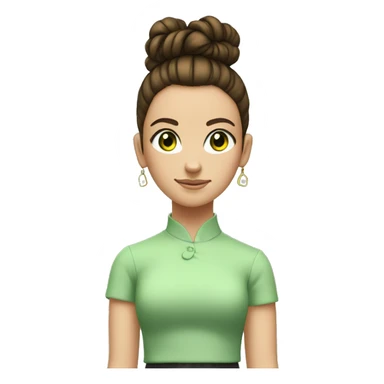 young girl with brunette hair tied up in a high bun and brunette hair, light green eyes  is take a sign with a big 10 sticker