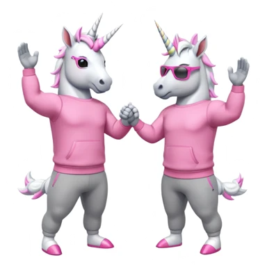 two friendly anthropomorphised male white unicorns with fit, chunky, muscular and strong physiques, arms and legs matching the white of the head, both wearing grey tracksuit pants and pink jumpers, sunglasses, high-fiving each other sticker