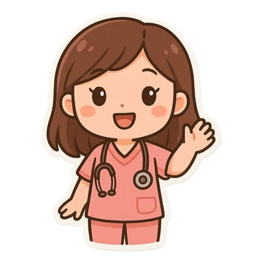 female doctor in pink medical attire, with a stethoscope around her neck, waving, cartoon style sticker
