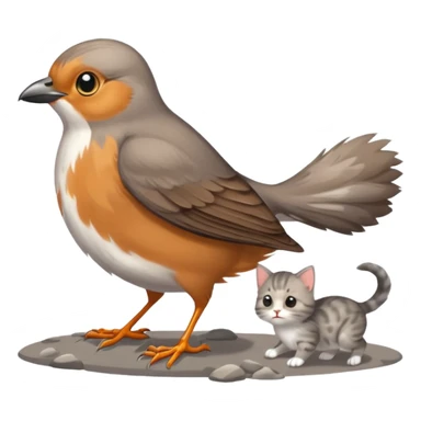 a beautiful thrush bird with a tiny kitten on the ground trying tioo chase it sticker