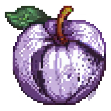 a plum with a bite mark sticker