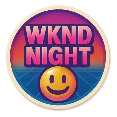 WKND NIGHT retro 80s style, vibrant gradients, synthwave feel, clear and legible at emoji scale for Slack sticker