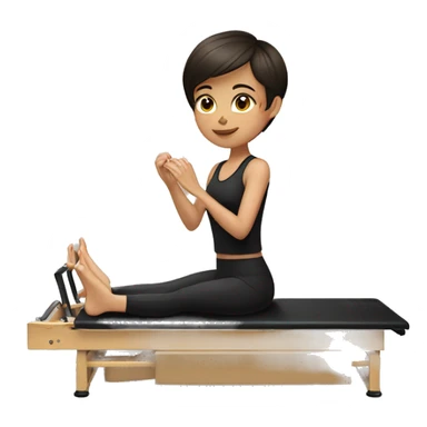 Brunette girl with short hair and black clothes doing stretches on Pilates reformer  sticker