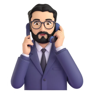 businessman with medium black beard, black hair styled to one side, connected unibrow, olive skin, brown eyes, glasses, prominent nose, in formal black jacket, in the process of dialing or answering phone call, with subtle modern office environment sticker