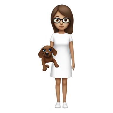 the brown hair girl with her blue eye wear a white minimal dress and her brown sausage dog sticker
